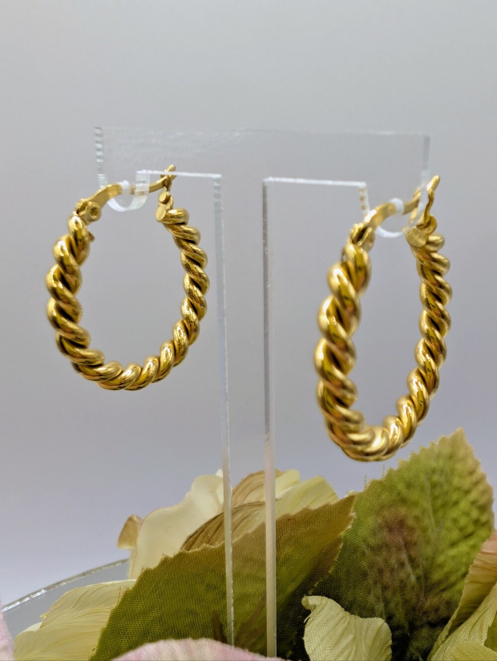 Gold Stainless Steel Twisted Rope Hoop Earrings - 1.15"